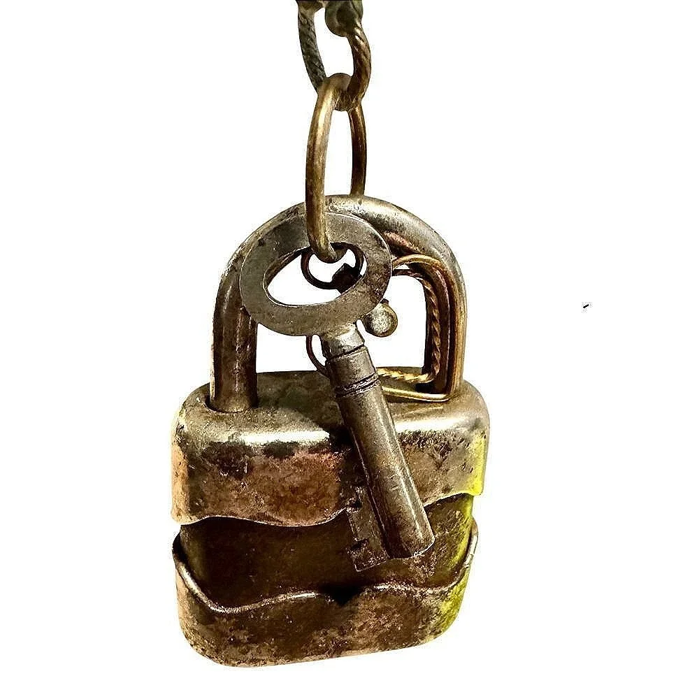Vintage‎ Handmade Artisan Lock Necklace Rhinestone Key Charm Pendant